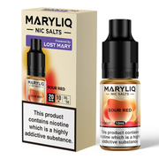10ml bottle of MARYLIQ Nic Salts E-Liquid in classic Sour Red flavor, 20mg nicotine salt strength for a smooth and satisfying throat hit, ideal for refillable pod kits and MTL vaping.